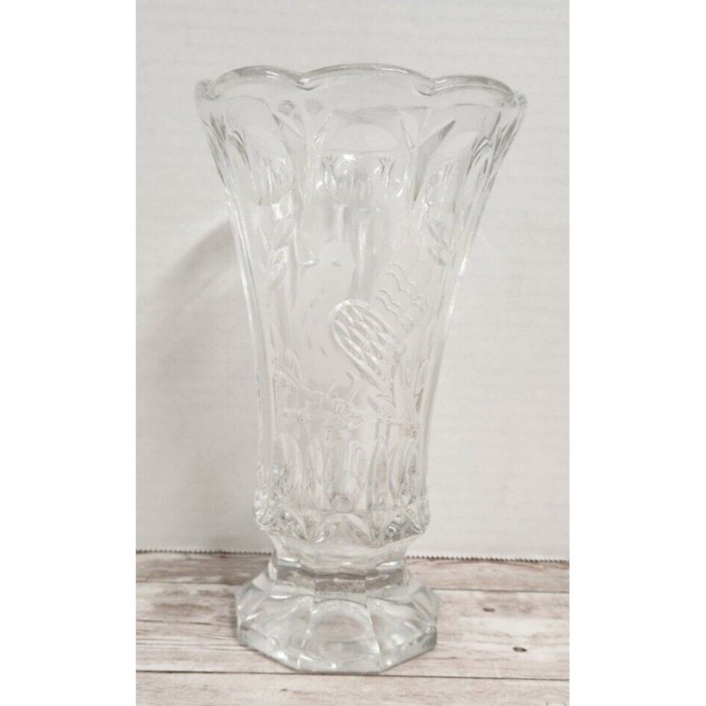Crystal Bud Vase 7" Tall Flower Bird Etching Floral Footed Heavy